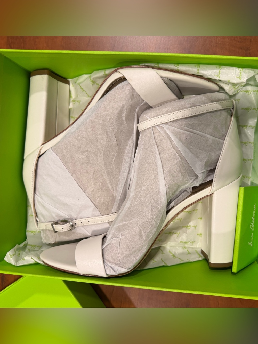 Sam Edelman “Yaro” White Block Heel Sandals with Ankle Strap